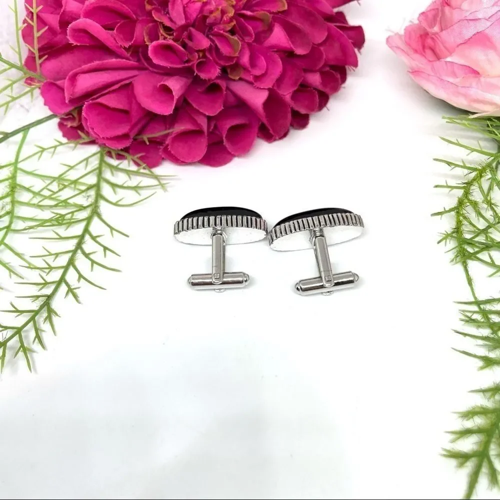 VINTAGE⚜️CUFF LINKS Black Acrylic Detailed Edging - Art Deco Style